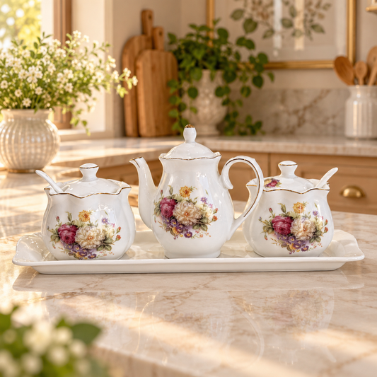 Set de Cerámica Floral – Tetera, Azucarero y Cafetero