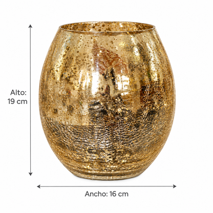 Portavelas Esférico de Vidrio Craquelado Dorado – 19 cm