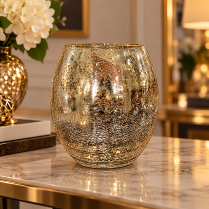 Portavelas Esférico de Vidrio Craquelado Dorado – 19 cm