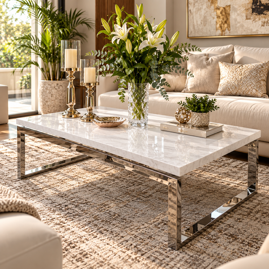 Mesa de Centro Mármol White Rectangular - Acero Inoxidable