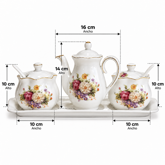 Set de Cerámica Floral – Tetera, Azucarero y Cafetero