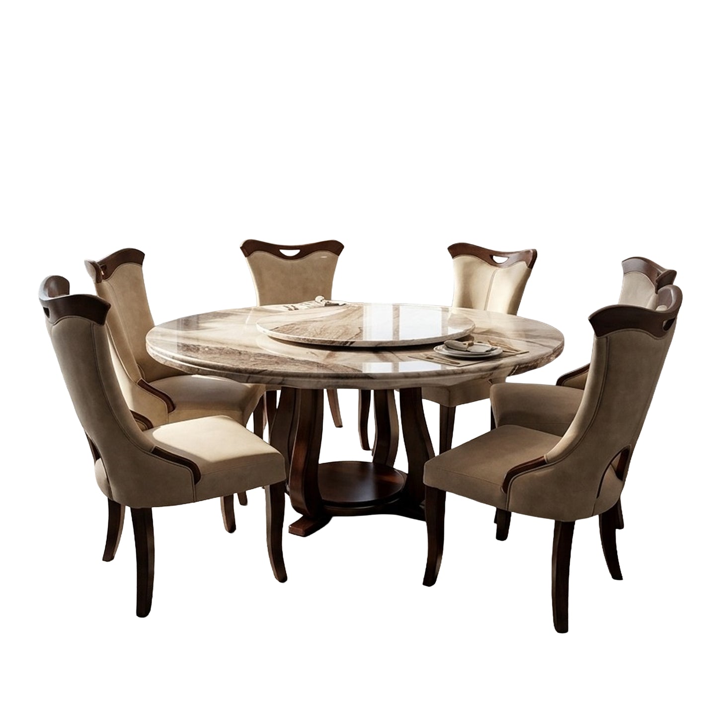 COMEDOR REDONDO DE MARMOL Y ROBLE SISE - 6 SILLAS