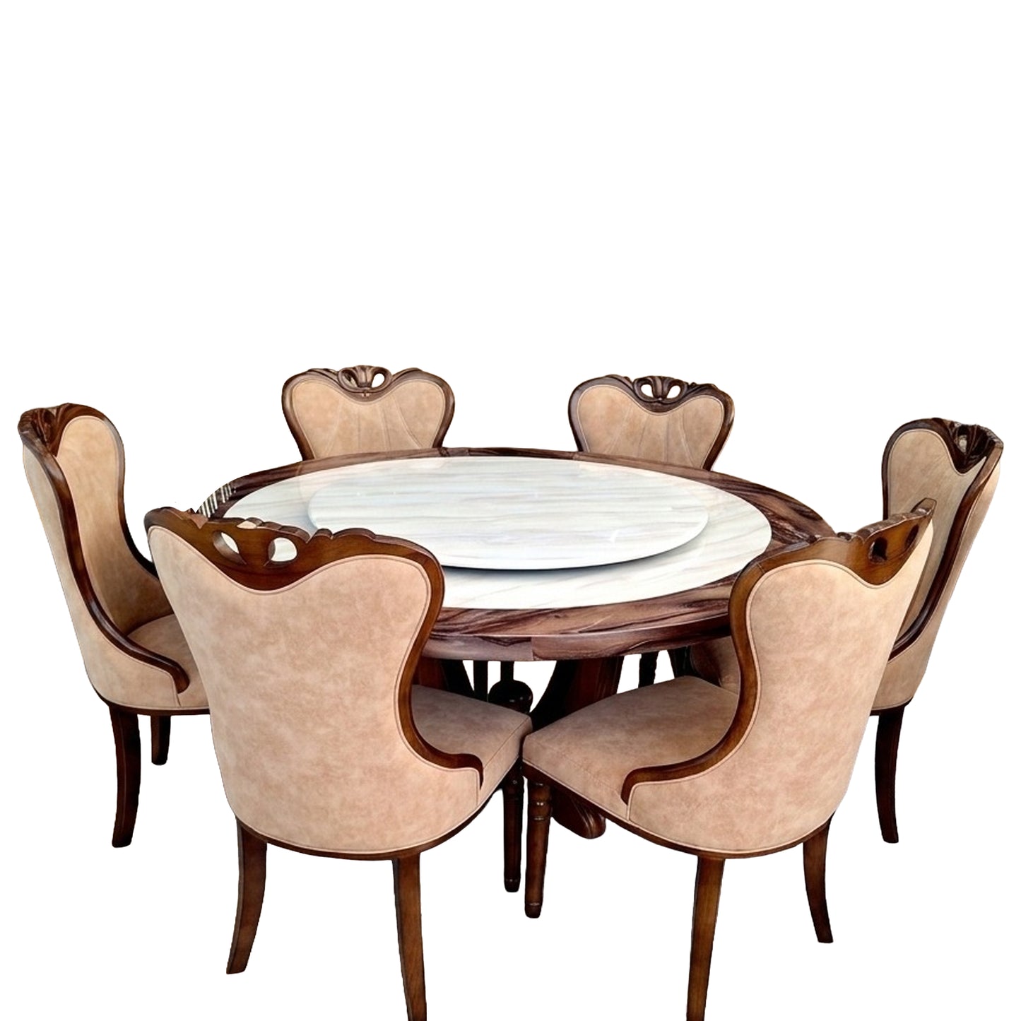 COMEDOR REDONDO DE MARMOL Y ROBLE BAFRA - 6 SILLAS