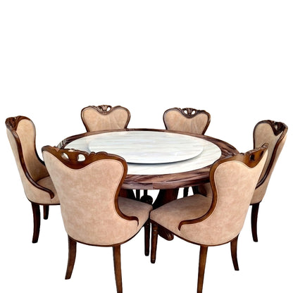 COMEDOR REDONDO DE MARMOL Y ROBLE BAFRA - 6 SILLAS