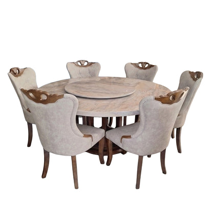 COMEDOR REDONDO DE MARMOL Y ROBLE ERBAA - 6 SILLAS