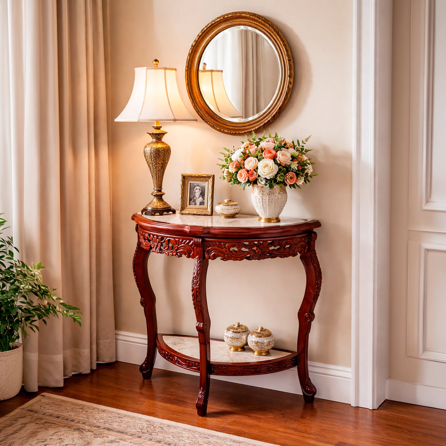 Arrimo de Madera Tallada con Mármol Embutido – Tres Patas y Doble Repisa