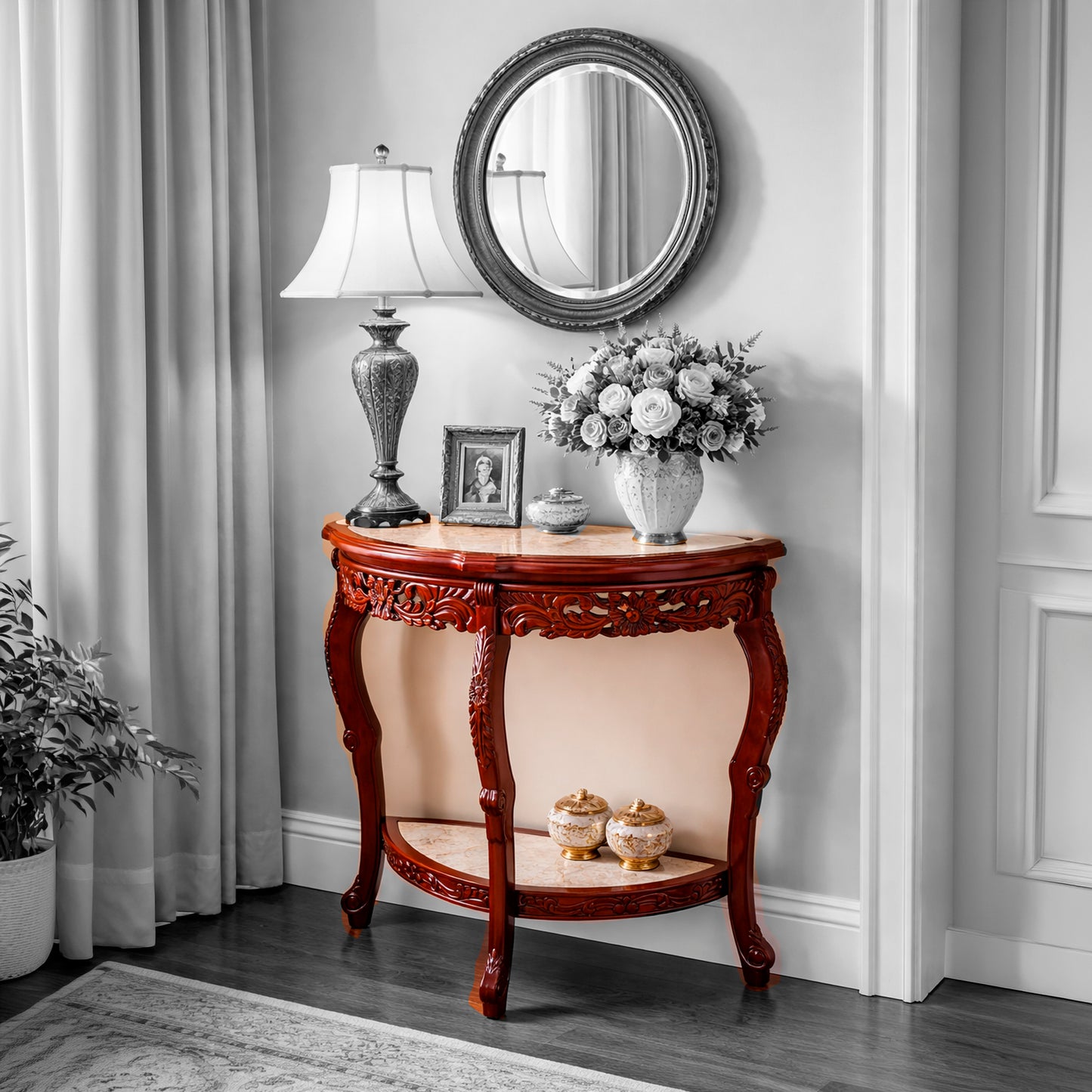 Arrimo de Madera Tallada con Mármol Embutido – Tres Patas y Doble Repisa