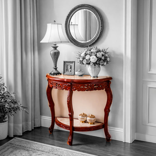 Arrimo de Madera Tallada con Mármol Embutido – Tres Patas y Doble Repisa