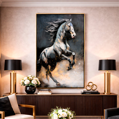 Cuadro Caballo Negro – Marco Dorado 140x70 cm