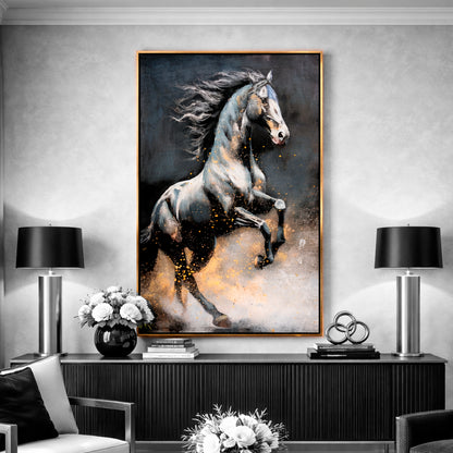 Cuadro Caballo Negro – Marco Dorado 140x70 cm