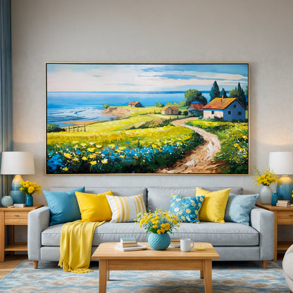 Cuadro Paisaje Costero con Casas – Marco Dorado 150x80 cm
