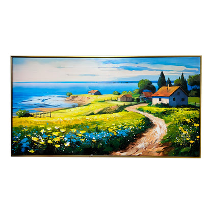 Cuadro Paisaje Costero con Casas – Marco Dorado 150x80 cm