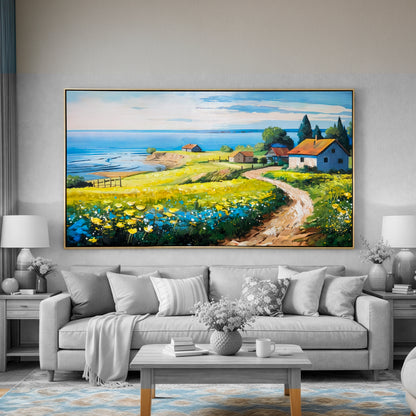 Cuadro Paisaje Costero con Casas – Marco Dorado 150x80 cm