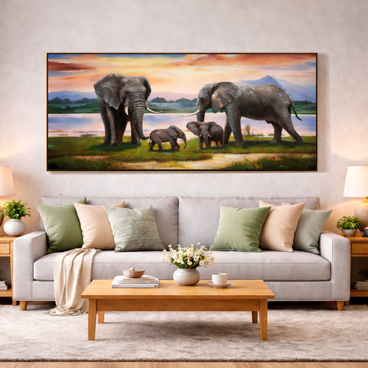 Cuadro Familia de Elefantes – Marco Dorado 150x80 cm