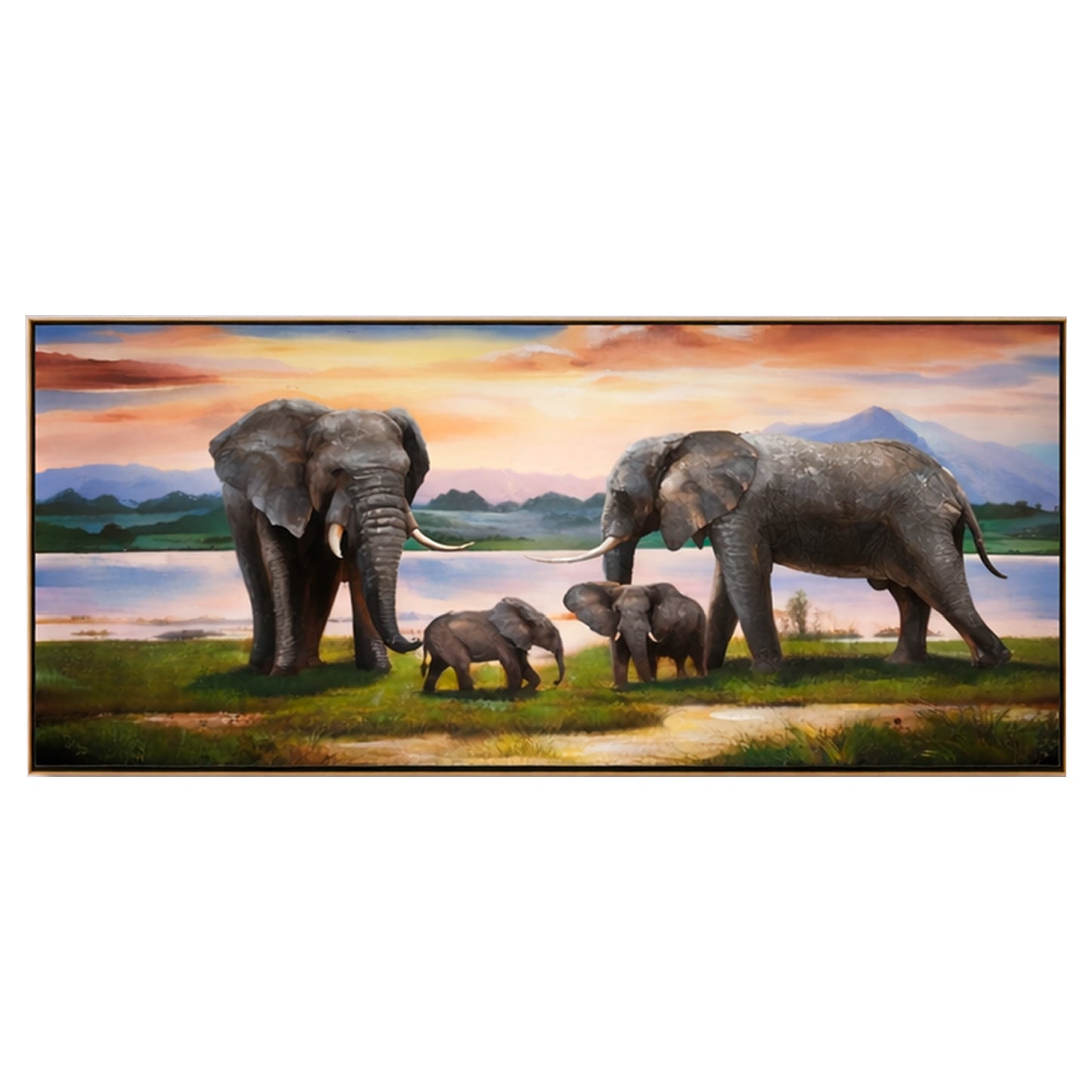 Cuadro Familia de Elefantes – Marco Dorado 150x80 cm
