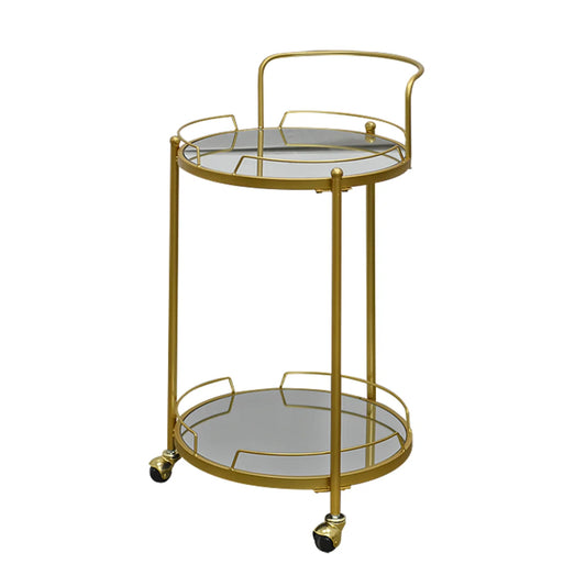 Carro Bar Redondo “JENN” en Metal Dorado con Repisas de Espejo