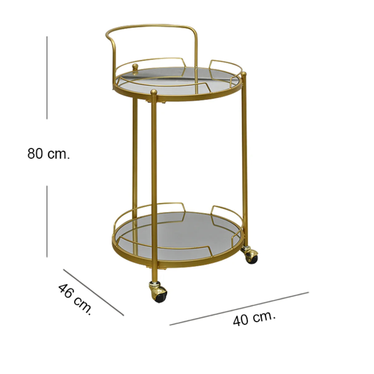 Carro Bar Redondo “JENN” en Metal Dorado con Repisas de Espejo