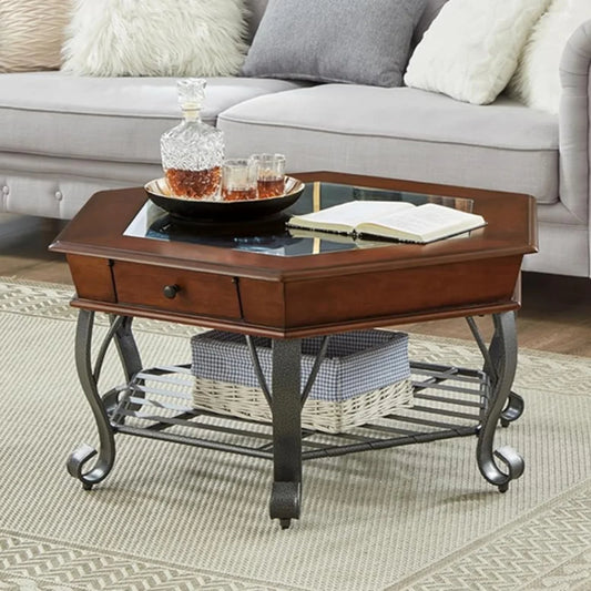 Mesa de Centro Hexagonal de Madera, Vidrio y Metal