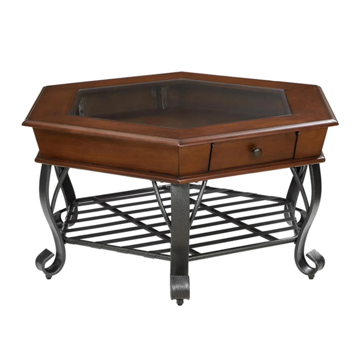 Mesa de Centro Hexagonal de Madera, Vidrio y Metal