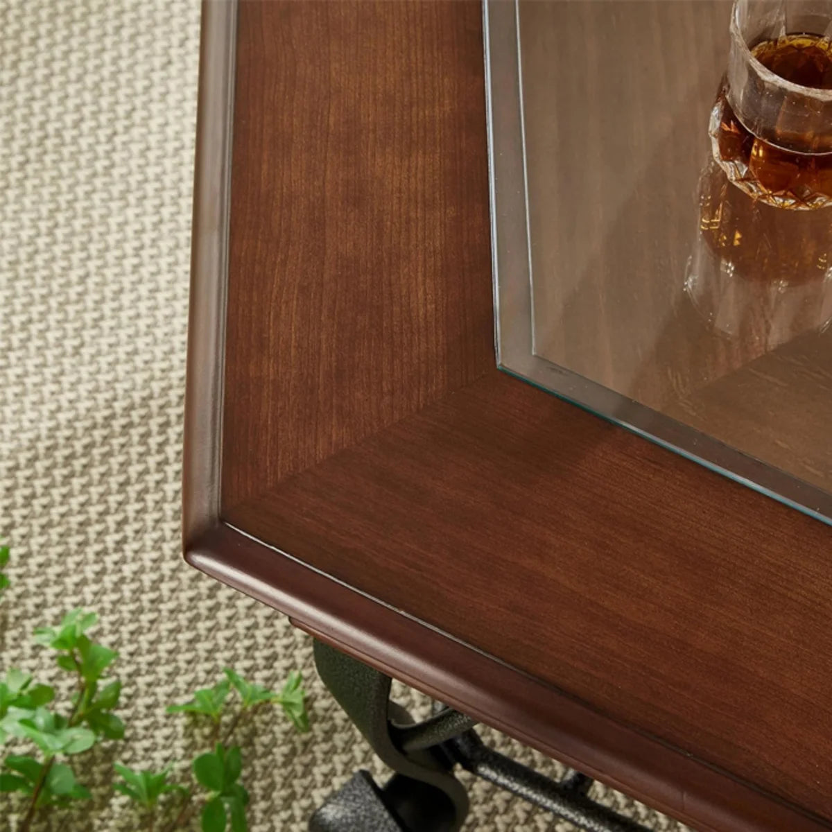 Mesa de Centro Hexagonal de Madera, Vidrio y Metal