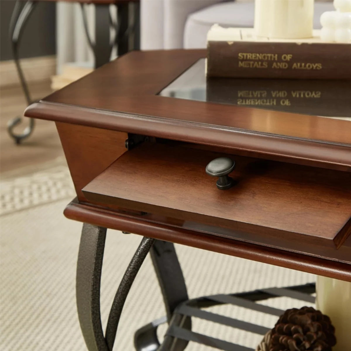 Mesa de Centro Hexagonal de Madera, Vidrio y Metal