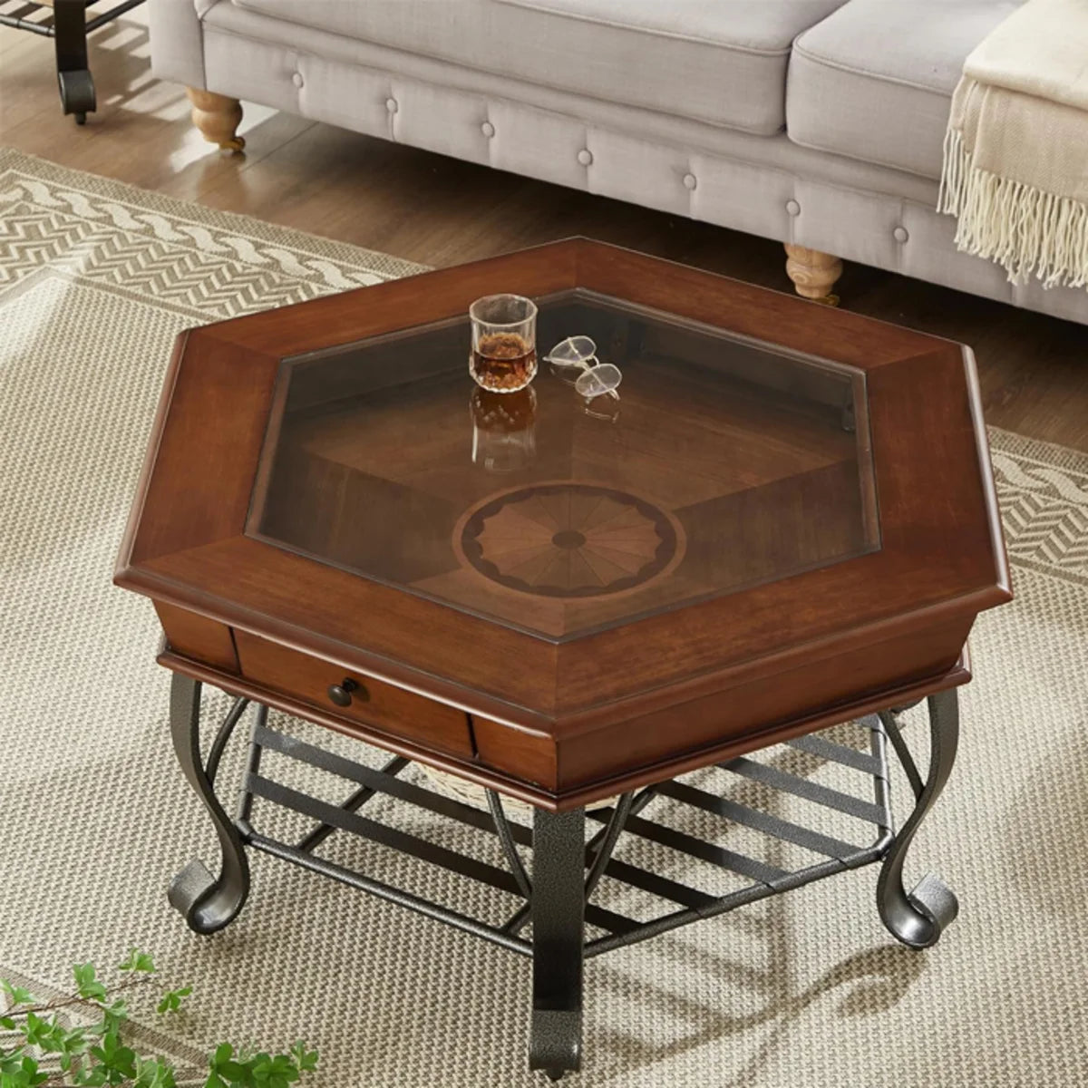 Mesa de Centro Hexagonal de Madera, Vidrio y Metal