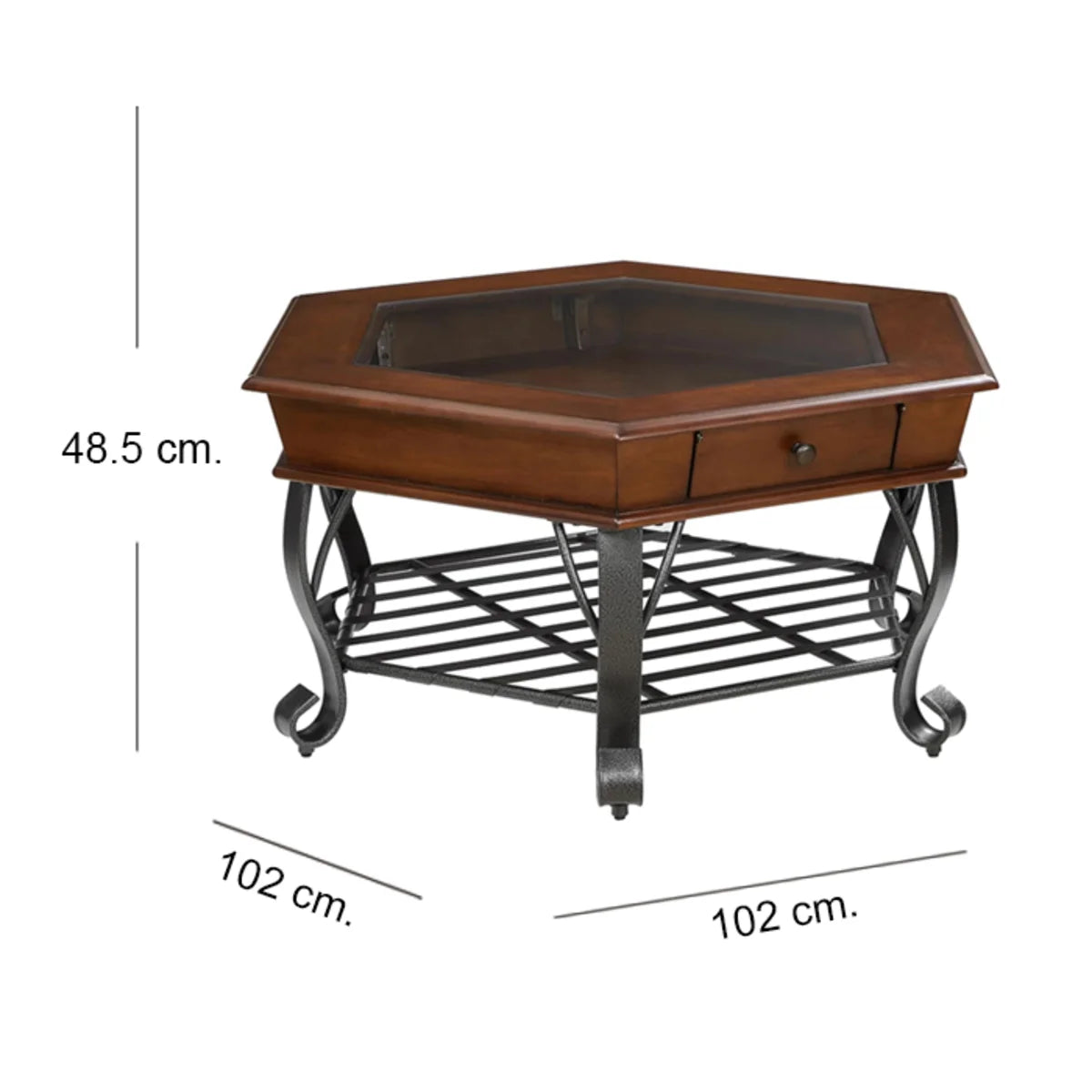 Mesa de Centro Hexagonal de Madera, Vidrio y Metal